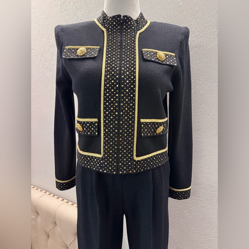 St John Evening Pants Suit Black Studded With Gold Bottons Top P Pants 2 - Picture 4 of 17